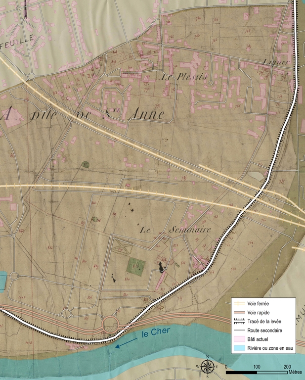 Les Minimes et le Plessis sur le cadastre de 1808, le bâti actuel et les réseaux en superposition ; Les Minimes et le Plessis sur le cadastre de 1808, le bâti actuel et les réseaux en superposition.