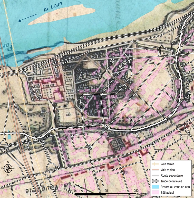 La ZAC projetée sur les perspectives rayonnantes des allées des jardins du Prieuré ; Le nouveau tracé régulateur de la ZAC du Prieuré projeté sur un plan de la fin du 18e siècle.