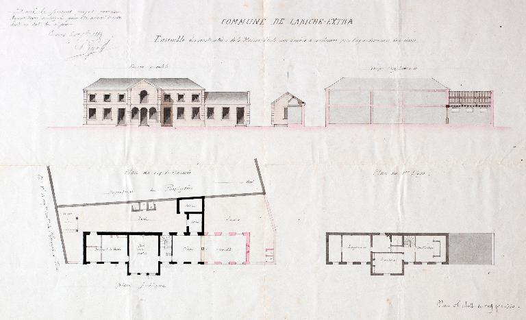 Plans de la mairie-école signés de l'agent-voyer Loyault en 1859 (Archives départementales d'Indre-et-Loire: 2 O 195 40) .