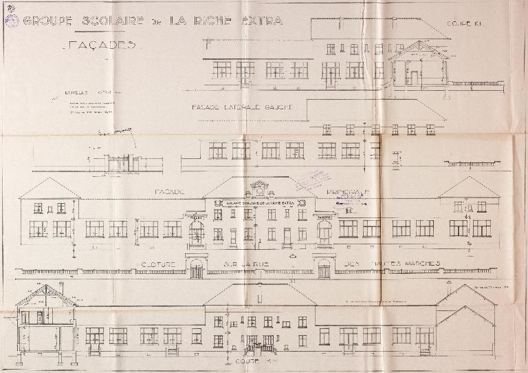 Projet d'élévations du groupe scolaire  par Maurice Boille en 1930 (Archives départementales d'Indre-et-Loire. 2 O 195 40) .