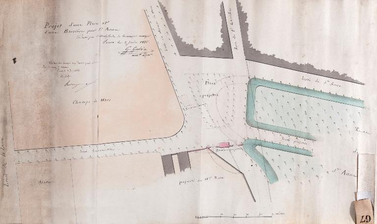 Projet d'une place et d'une barrière pour Sainte-Anne (côté Tours). Gustave Guérin.1836. (Archives départementales d'Indre-et-Loire. 1 O 116) .
