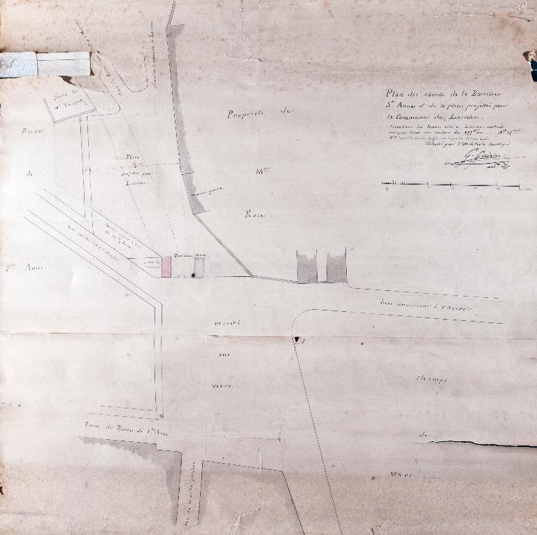Plan des abords de la "barrière" Sainte-Anne et de la place projetée pour la commune de La Riche. Signé par Gustave Guérin et daté de 1835? (Archives municipales de Tours. 1 0 116).