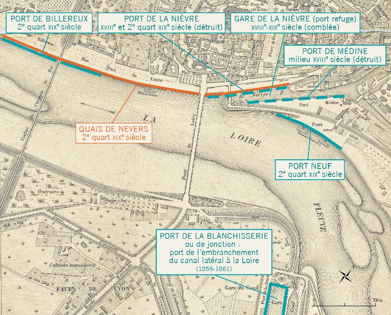 La traversée de la Loire à Nevers avec la localisation des ports reportés sur un fond de plan de 1878 par Dumoulin (médiathèque de Nevers).