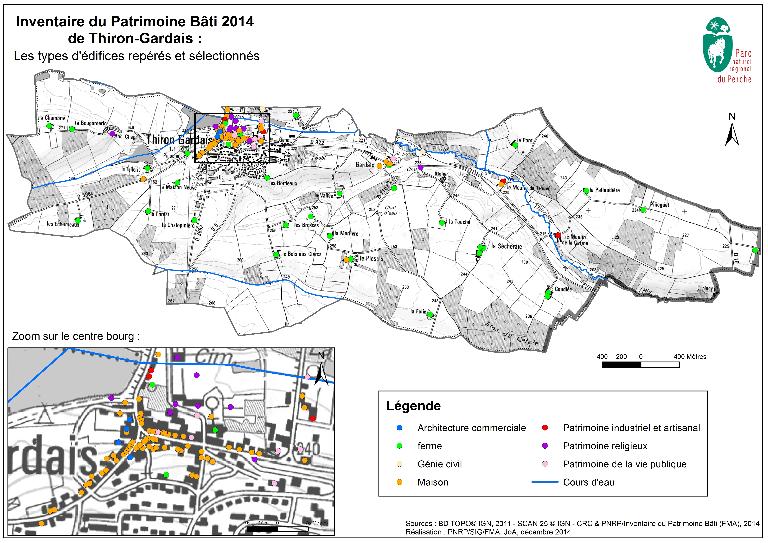 Carte synthétique des types d'édifices repérés et sélectionnés.