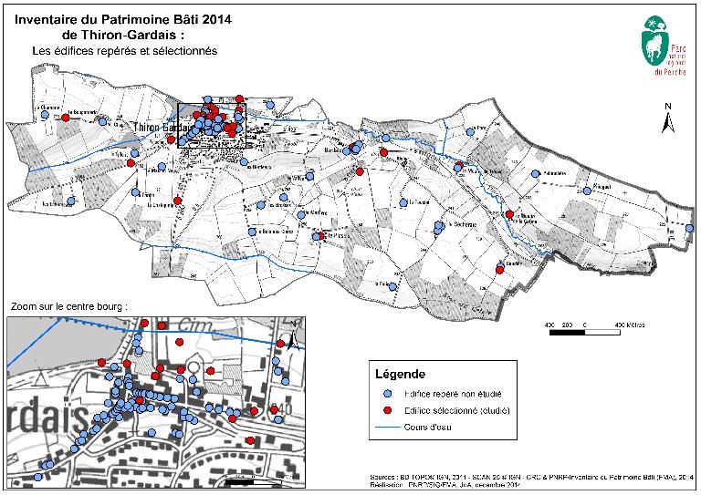 Carte synthétique des édifices repérés et sélectionnées.