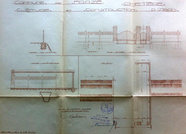Construction d'un mur de clôture au cimetière et d'un abri, plan et coupes dressés par René Fournier, architecte à Illiers-Combray (AD d'Eure-et-Loir, 2 O 1507).