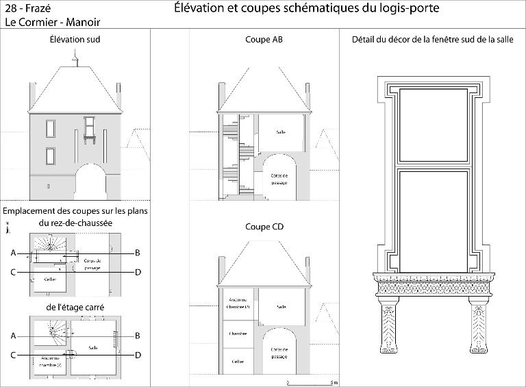 Plans, coupes, élévation et détail du décor de la fenêtre sud de la salle du logis-porte.