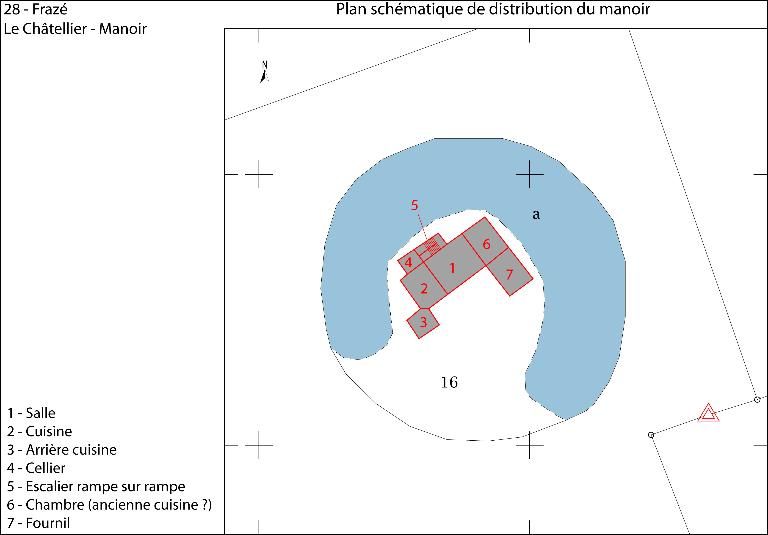 Plan schématique de distribution du manoir (fond : plan cadastral de 2016).