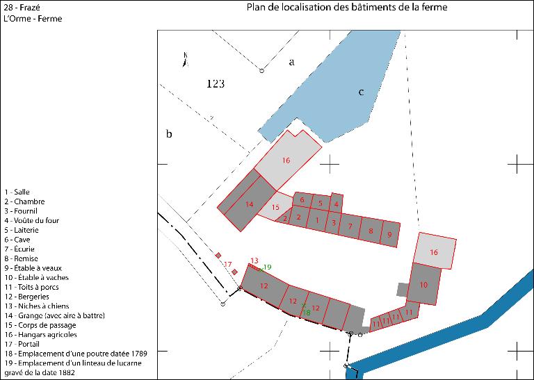 Plan de localisation des bâtiments de la ferme.
