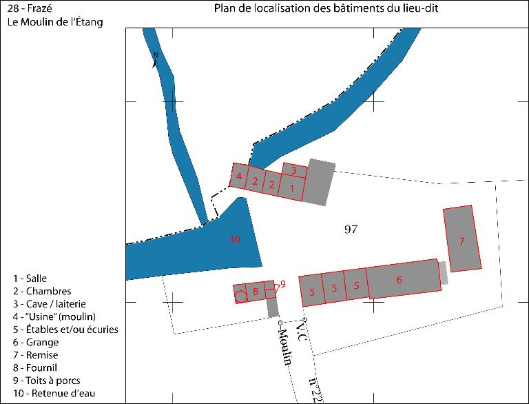 Plan de localisation des bâtiments du lieu-dit (fond : plan cadastral de 2016, section YA).