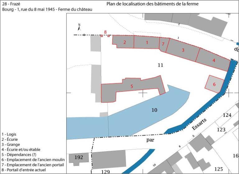 Plan de localisation des bâtiments de la ferme (fond : plan cadastral de 2016, section AB).
