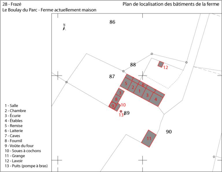 Plan de localisation des bâtiments de la ferme (fond : plan cadastral de 2016, section ZC).