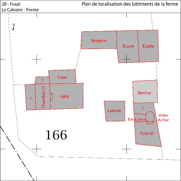 Plan de localisation des bâtiments de la ferme (fond : plan cadastral de 2016, section OB).