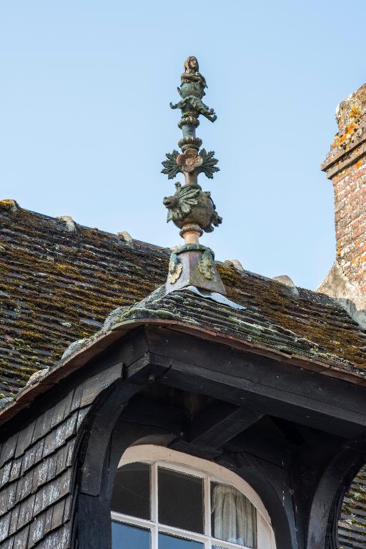 Logis, vue de détail d'un épi de faîtage couronnant une lucarne.