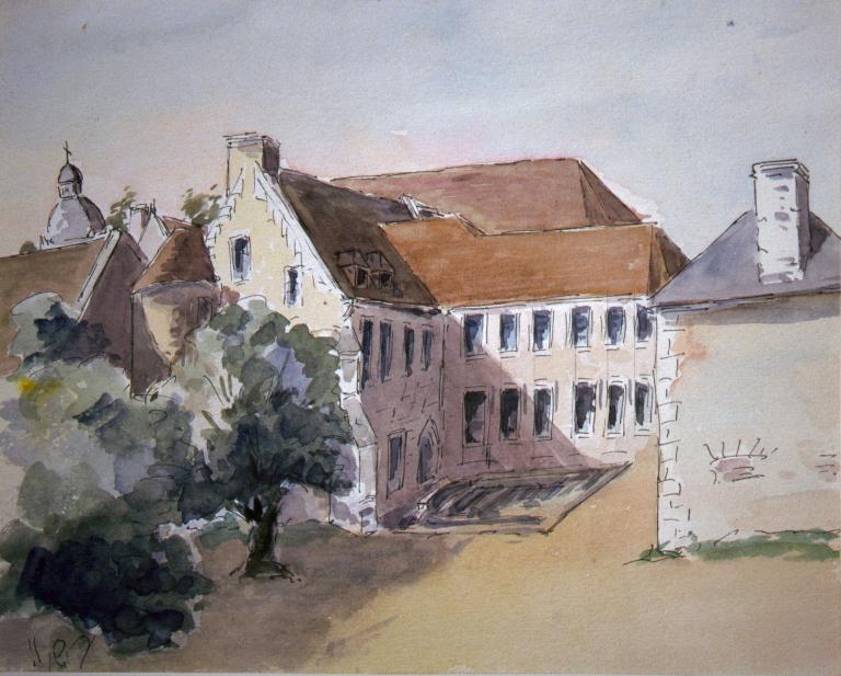 Aquarelle : aile est et église mariale, vue du sud-est (avant 1948).