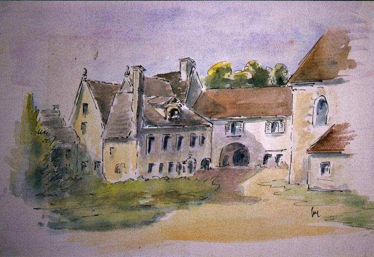 Aquarelle, faces sud et est (cour n°1), vue du sud vers 1950 (Musée-Château Saint-Jean, fonds Massiot).