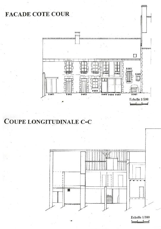 Elévation (face ouest) et coupe (longitudinale) des bâtiments 5 et 6 (2004, archives privées).