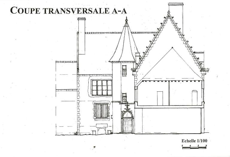 Coupe (transversale) de l'aile sur rue et élévation (face ouest) de l'aile en retour sur cour (2004, archives privées).
