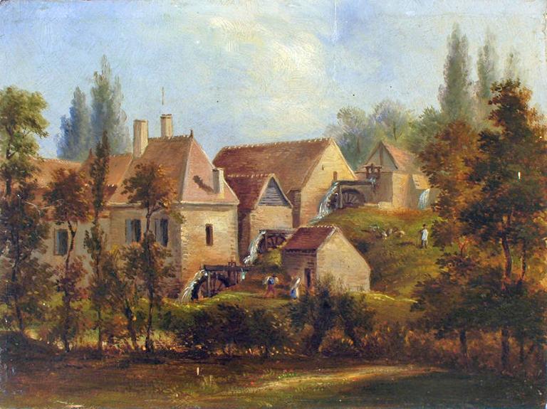 Peinture : moulins, vue du sud-est (datation inconnue, Musée Château Saint-Jean. Archives du Musée Château Saint-Jean).