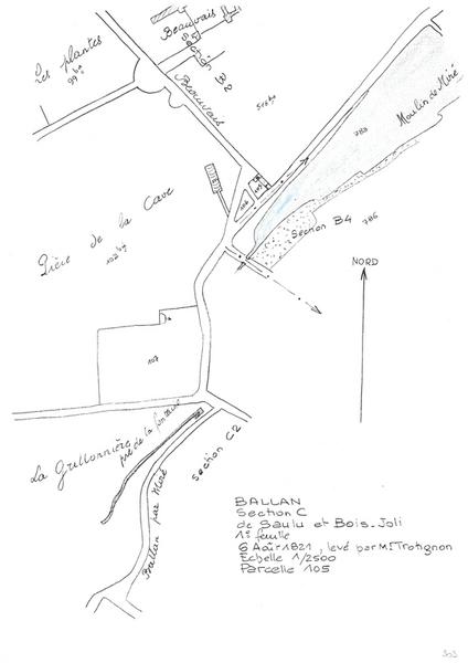Reproduction du plan cadastral de 1821, Section C de Saulu à Bois-Joli (feuille 1), échelle 1/2500, Parcelle 105.