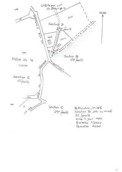 Reproduction du plan cadastral de 1991, Section B dite de Miré (2e feuille), échelle 1/2500, Parcelle 2000.
