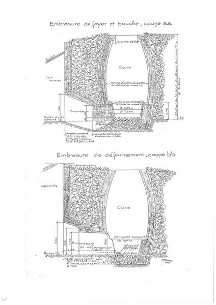 Embrasure de foyer et bouche, coupe aa - Embrasure de défournement, coupe bb.