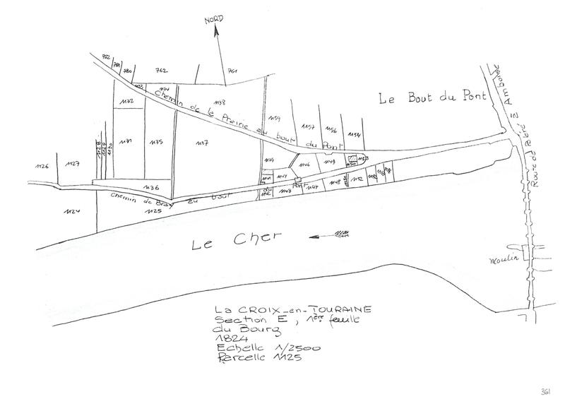 Reproduction du plan cadastral de 1824, Section E du Bourg (feuille 1), échelle 1/2500, Parcelle 1125.