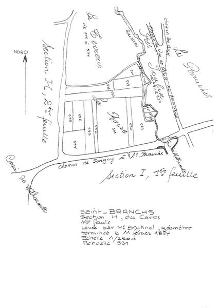 Reproduction du plan cadastral de 1824, Section H des Cartes (feuille 1), échelle 1/2500, Parcelle 531.