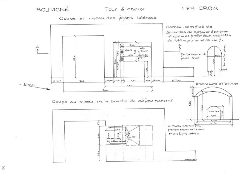 Plans du four à chaux (coupe au niveau des foyers latéraux et coup au niveau de la bouche de défournement).
