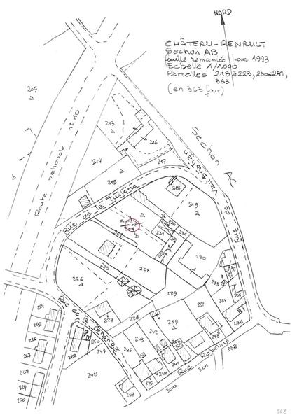Reproduction du plan cadastral de 1993, Section AB, échelle 1/1000, Parcelles 218 à 223 - 230 à 231 - 363 (four).