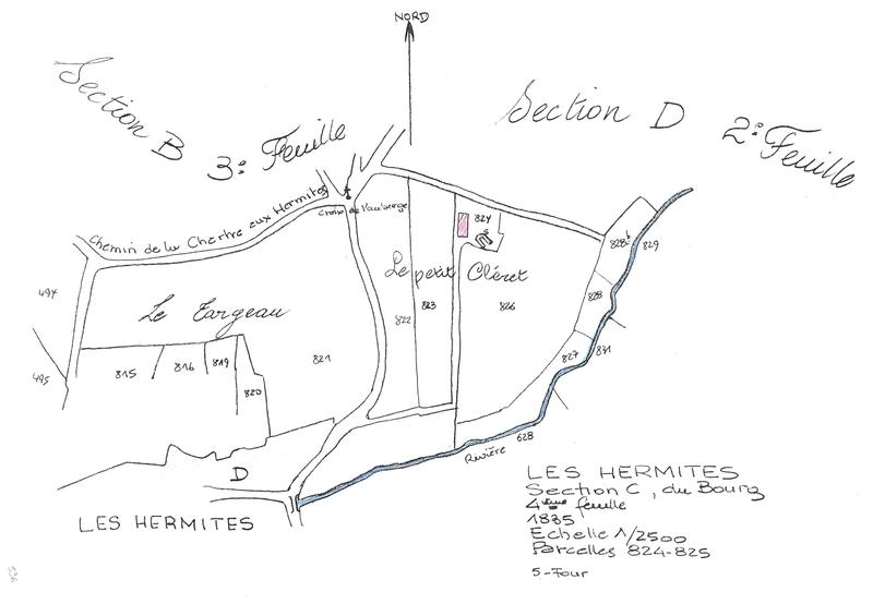 Reproduction du plan cadastral de 1835, Section C du Bourg (feuille 4), échelle 1/2500, Parcelles 824 - 825.