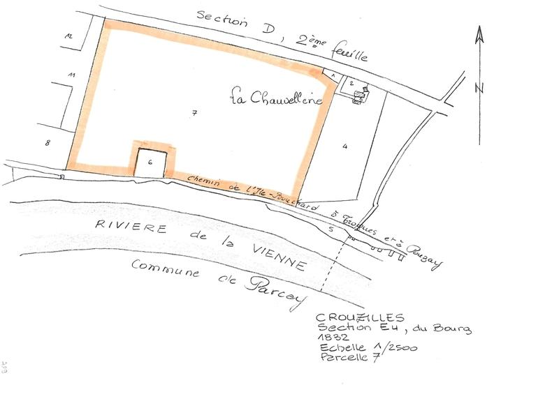 Reproduction du plan cadastral de 1832, Section E4 du Bourg, échelle 1/2500, Parcelle 7.