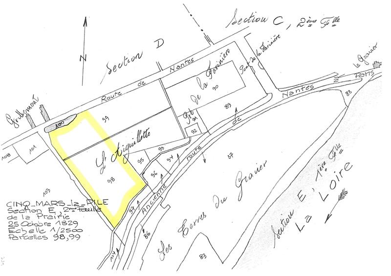 Reproduction du plan cadastral de 1829, Section E de la Prairie (feuille 2), échelle 1/2500, Parcelles 98-99.