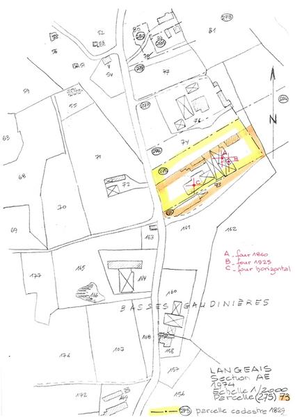 Reproduction du plan cadastral de 1974, Section AE, échelle 1/2000, Parcelles 275-273.