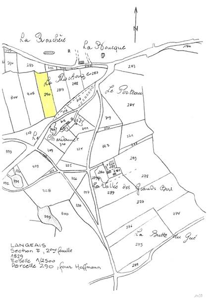 Reproduction du plan cadastral de 1829, Section F (feuille 2), échelle 1/2500, Parcelle 290 - four Hoffman.
