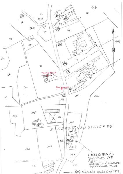Reproduction du plan cadastral de 1974, Section AE, échelle 1/2000, Parcelles 71-72.