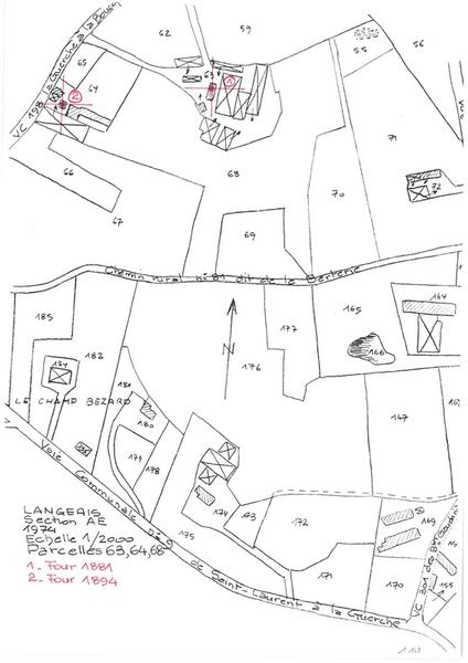 Reproduction du plan cadastral de 1974, Section AE, échelle 1/2000, Parcelles 63-64-68.