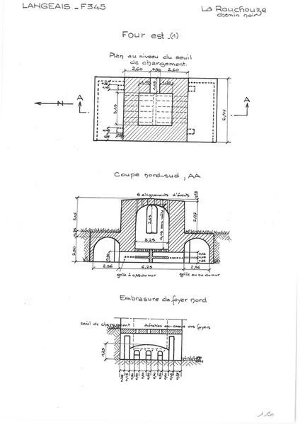 Four Est : plan au niveau du seuil de chargement - Coupe N-S - Embrasure de foyer N.