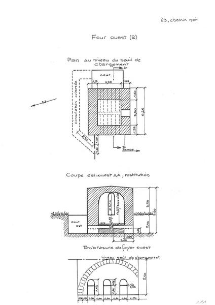 Four Ouest : plan au niveau du seuil de chargement - Coupe E-O - Embrasure de foyer O.