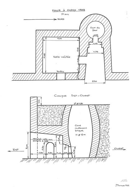 Plan du four à chaux et coupe E-O.