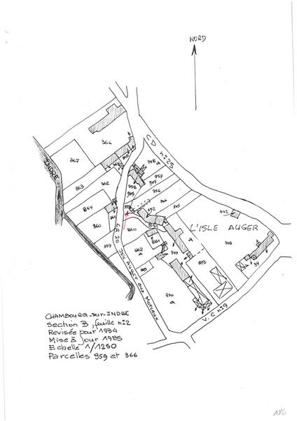 Reproduction du plan cadastral de 1985, Section B (feuille 2), échelle 1/1250, Parcelles 959-366.