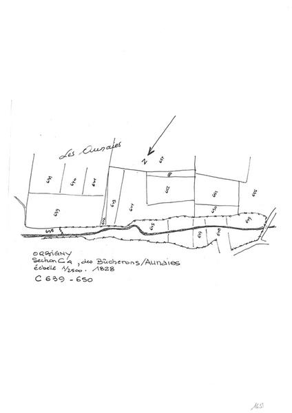Reproduction du plan cadastral de 1828, Section C4 des Bûcherons-Aunaies, échelle 1/2500, Parcelles 639-650.