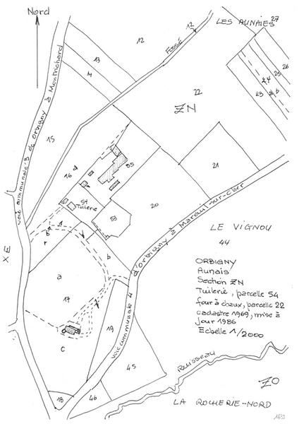 Reproduction du plan cadastral de 1986, Section ZN, échelle 1/2000, Parcelles 54 (tuilerie) - 22 (four à chaux).