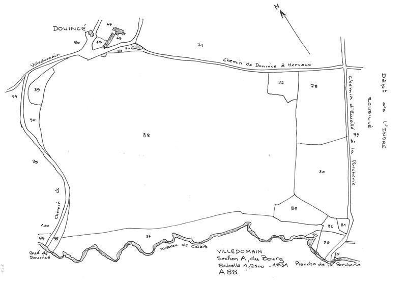 Reproduction du plan cadastral de 1831, Section A du Bourg, échelle 1/2500, Parcelle 88.