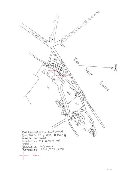 Reproduction du plan cadastral de 1828, Section B du Bourg, échelle 1/2500, Parcelles 231-232-233.