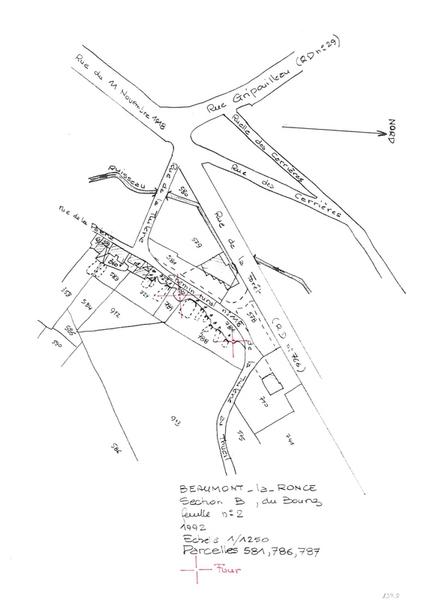 Reproduction du plan cadastral de 1992, Section B du Bourg, échelle 1/1250, Parcelles 581-786-787.