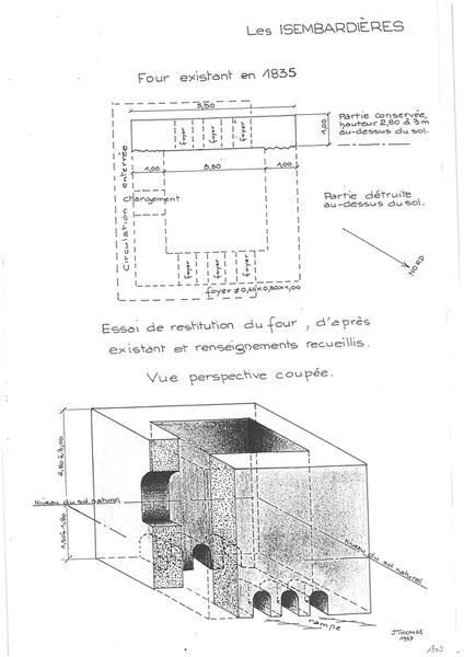 Essais de restitution du four, d'après existant et renseignements recueillis, plan et vue perspective coupée.