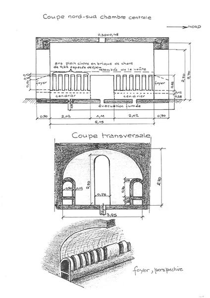 Coupe N-S chambre centrale - Coupe transversale - Foyer, perspective.