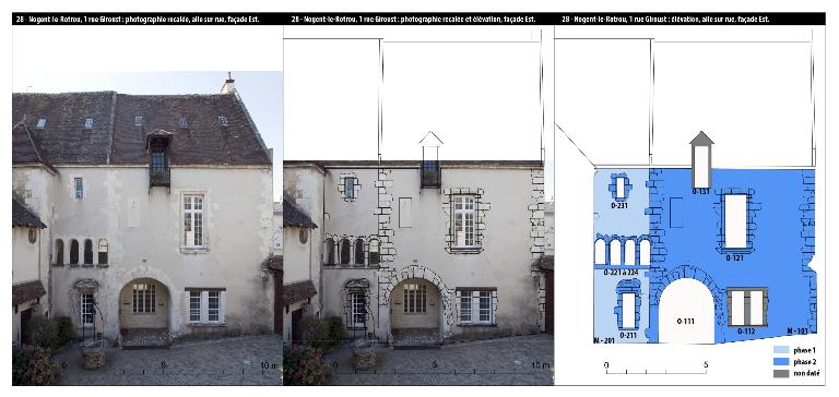 Photographie recalée et élévation, façade est, aile sur rue.