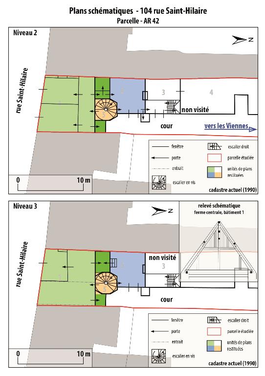 Plans schématiques des premier et deuxième étages (unités de plans restituées).